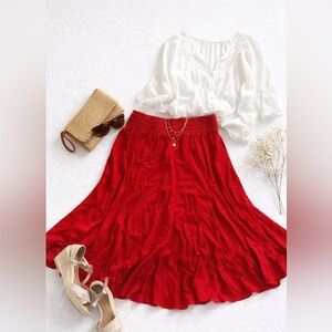 Lapis Red Boho Flowy Skirt 1X Elastic Waist Rayon Stretch Midi Skirt
